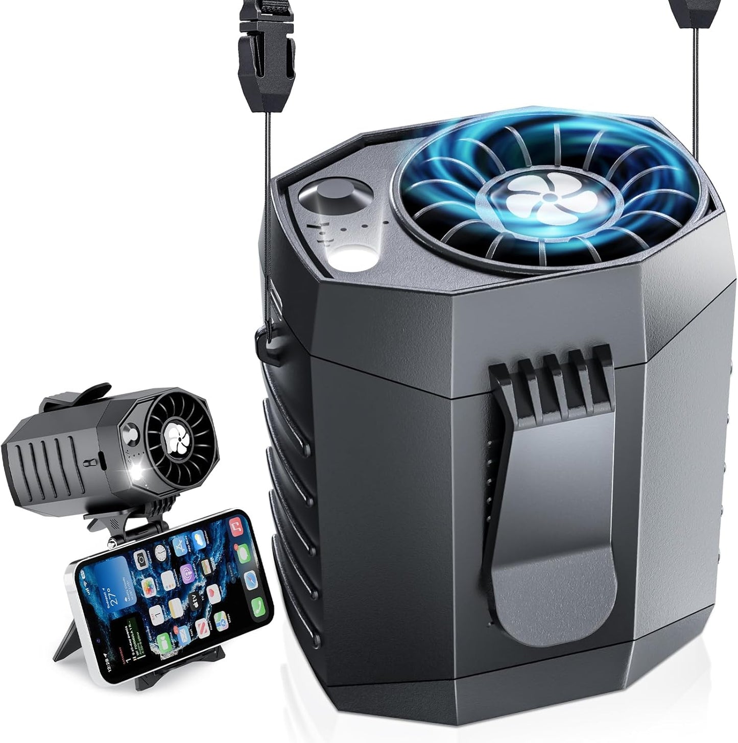 2025 Smart Portable Rechargeable Fan with LED Light & 25H Runtime, 4-Speed 9200RPM Turbo Cooling Personal Waist Fan, Wearable Neck & Belt Clip for Camping, Outdoor, Hiking - Black