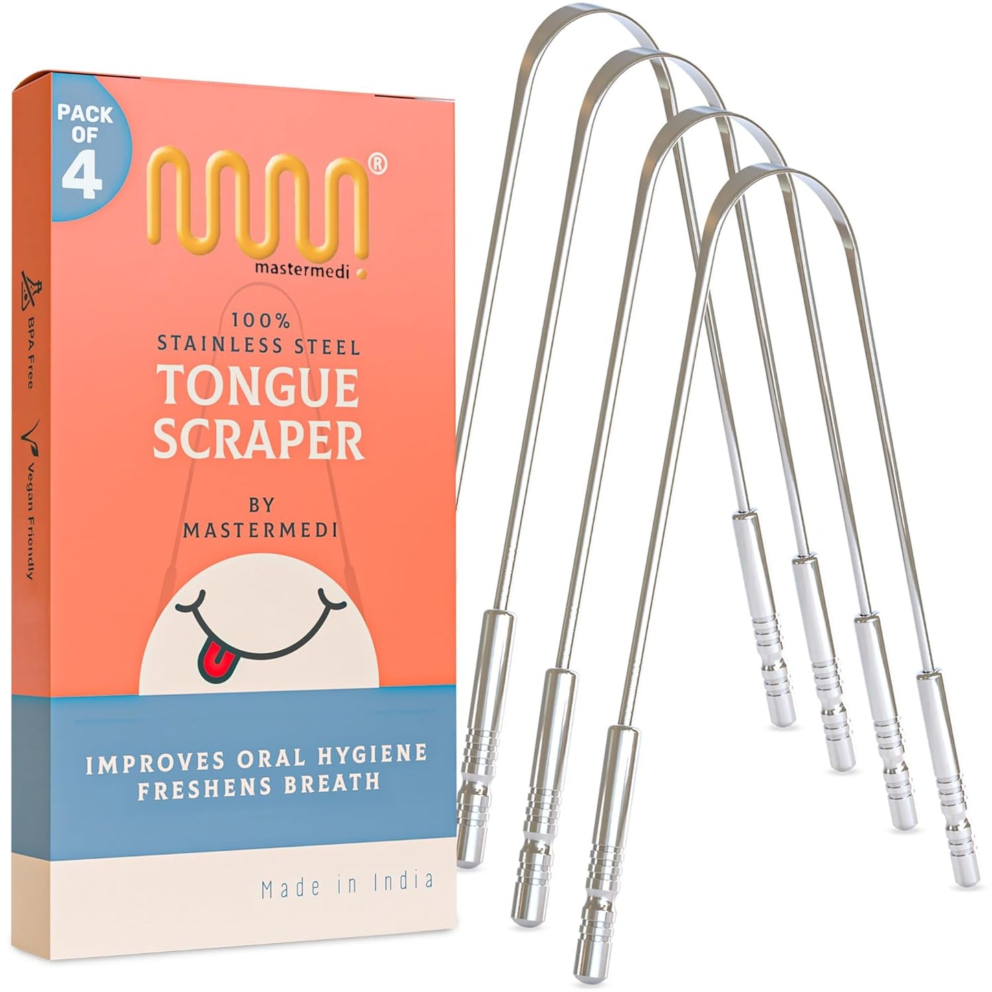 Tongue Scraper for Adults with Multicolor Travel Cases (2 Pack), 100% Stainless Steel, Reduce Bad Breath, Tongue Scrubber, Easy to Use, Tongue Cleaner for Oral Care & Hygiene