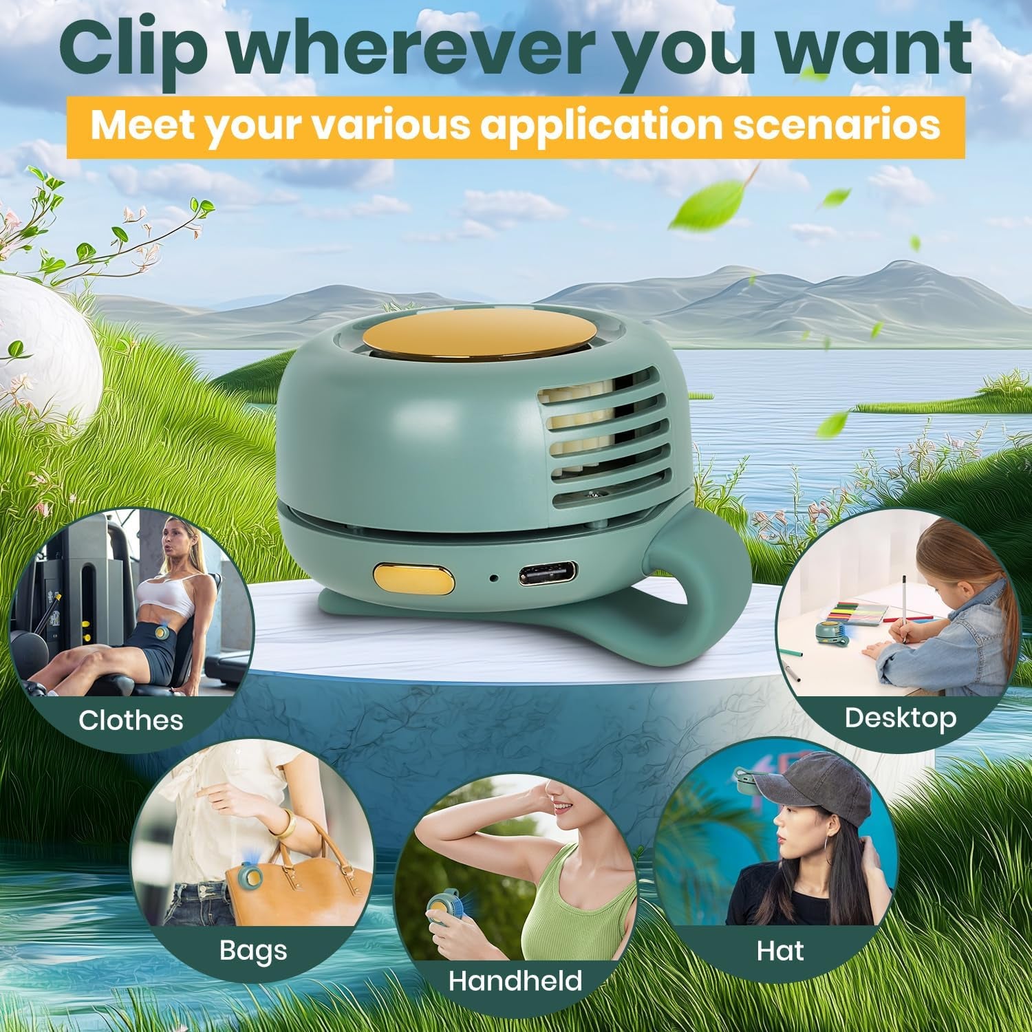 Portable Silent Mini Bladeless Fan Clip On, 3 Speeds Clip on Fan for Shirt for Outdoor Travel Gift (Green)