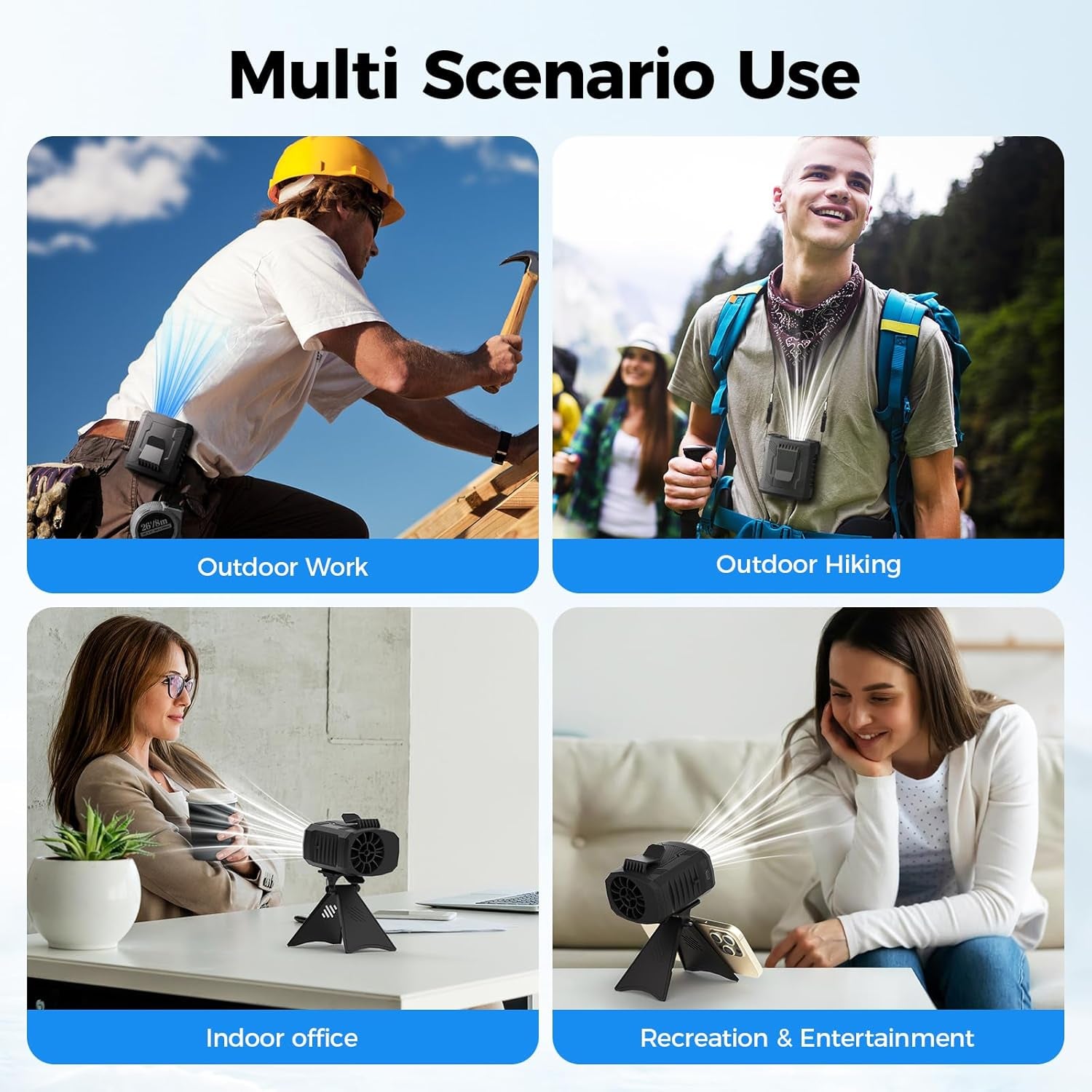 Portable Personal Waist Neck Fan - Airflow Strong, 10000Rpm, 4-Speed Rechargeable Battery, Fast Cooling,Hands-Free Clip Belt Fan Indoor, Outdoor, Camping,Work