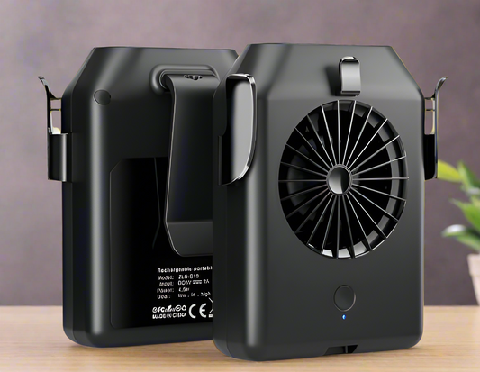 Black portable device with fan on a gray background
