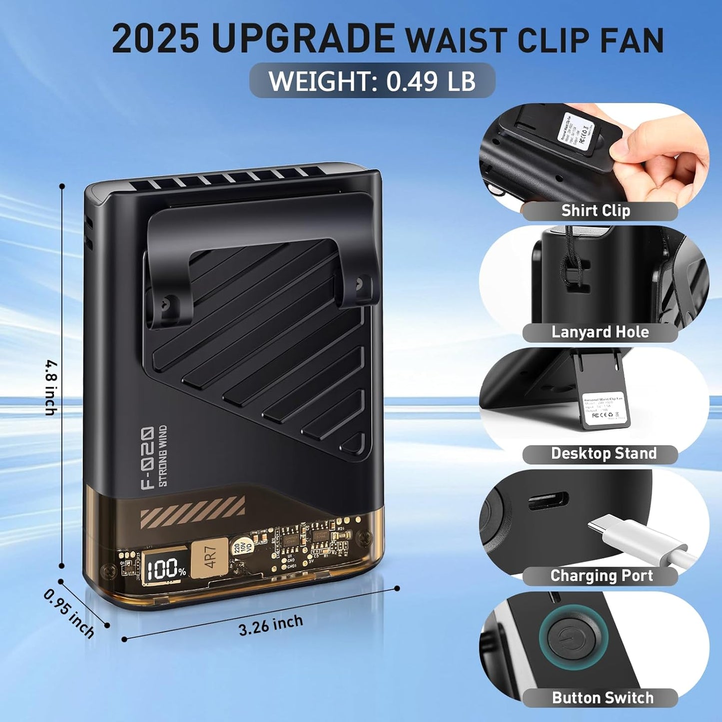 2025 Upgraded AI Portable Waist Fan - Rechargeable 10000RPM Personal Cooling Fan with LED Display, 5 Speed & 40H Runtime, Clip-On under Shirt/Belt/Neck/Handheld/Desktop for Outdoor, Travel, Jobsite