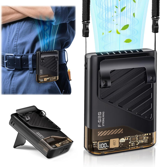 2025 Upgraded AI Portable Waist Fan - Rechargeable 10000RPM Personal Cooling Fan with LED Display, 5 Speed & 40H Runtime, Clip-On under Shirt/Belt/Neck/Handheld/Desktop for Outdoor, Travel, Jobsite