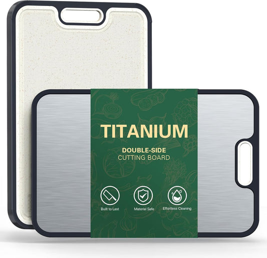 Titanium Cutting Board, Double-Sided Titanium & Straw Plastic Cutting Board, Durable Titaniums Cutting Boards for Kitchen with Deep Juice Grooves & Built-In Handles, Ideal Kitchen Gifts-Black
