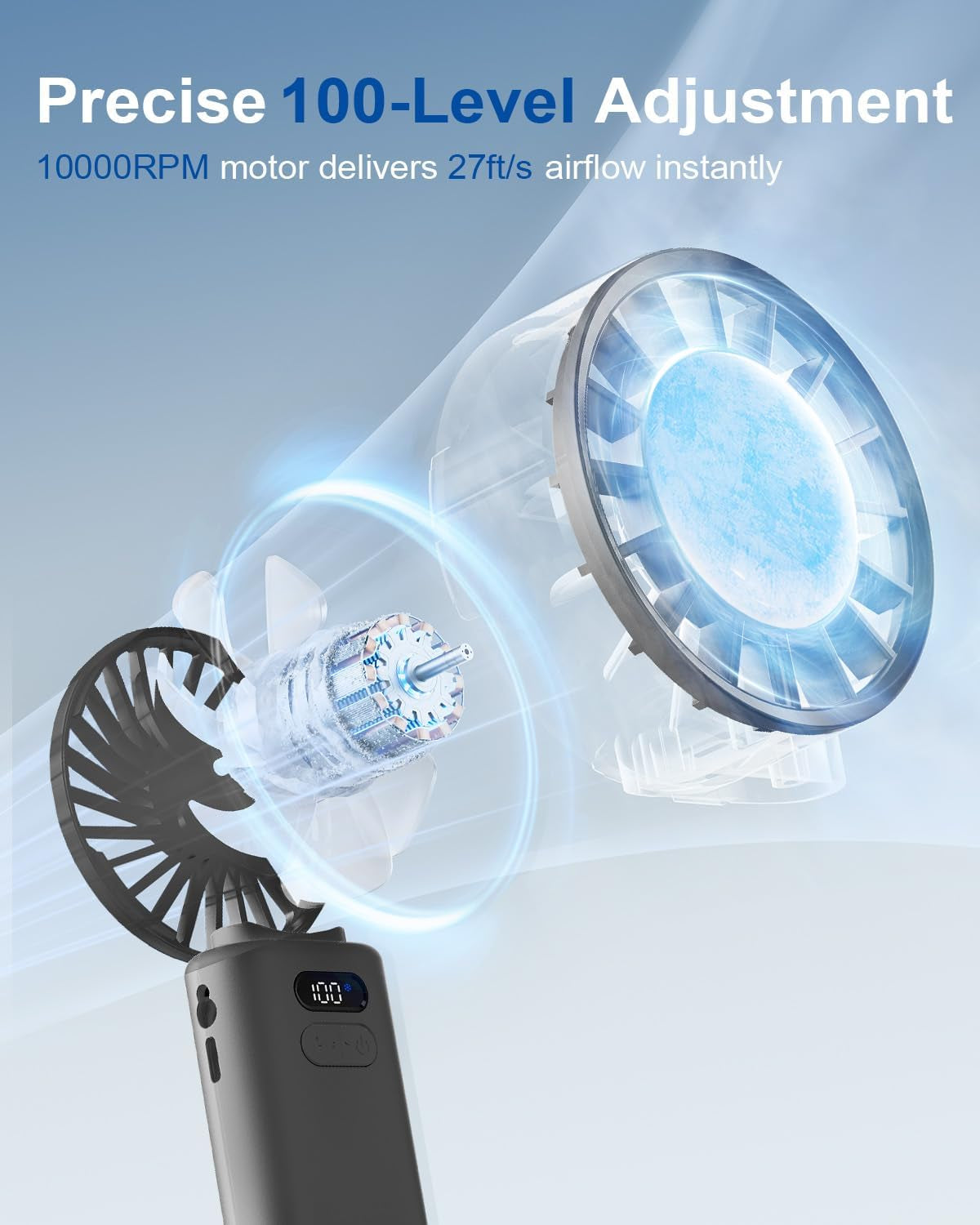 Portable Handheld Fan, Built-In Cooling Compress, 100-Speed Rechargeable Personal Fan, 15Hrs Cooling, 120°Foldable Design, 3-IN-1 Portable-Fan for Travel, Cooling Device for Outdoor